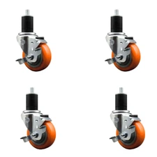 3.5 Inch Orange Poly Swivel 1-3/4 Inch Expanding Stem Caster Set with Brake SCC