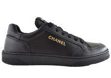 Chanel 23A Black Calfskin Leather Gold CC Logo Flat Runner Trainer Sneaker 37.5