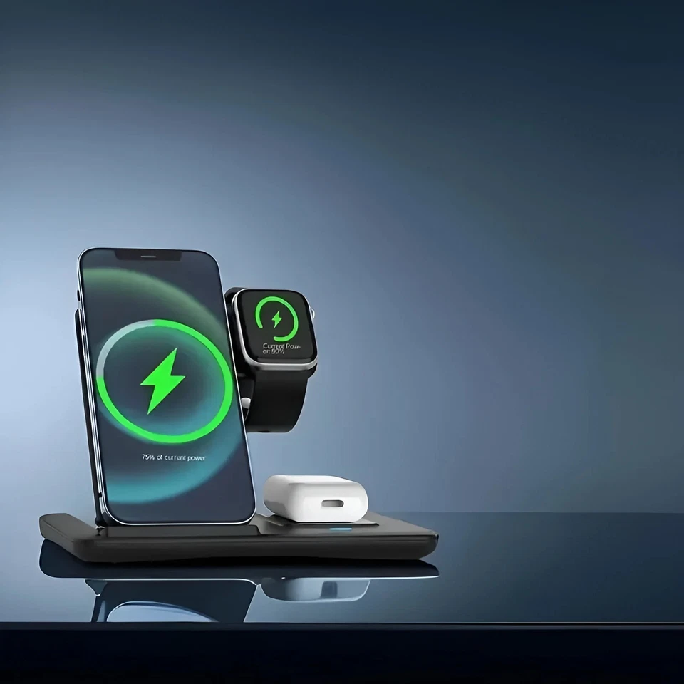 Stazione Ricarica Wireless 3 in 1 Telefono Cuffie Orologio Portatile Universale - Immagine 4 di 4