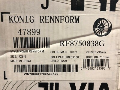 17x8 Konig Rennform Grey Wheel/Rim 5X108 5-108 17-8 ET38 RF8750838G
