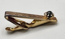 VINTAGE TIE BAR CLIP CLASP STAY Gold Tone Hatch Marks Texture w/ Black Pearl