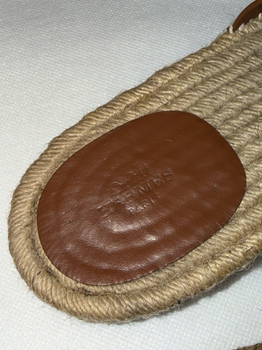 Hermes Brown/Beige Leather H-Strap Espadrille Slide Sandals US 11 View 5