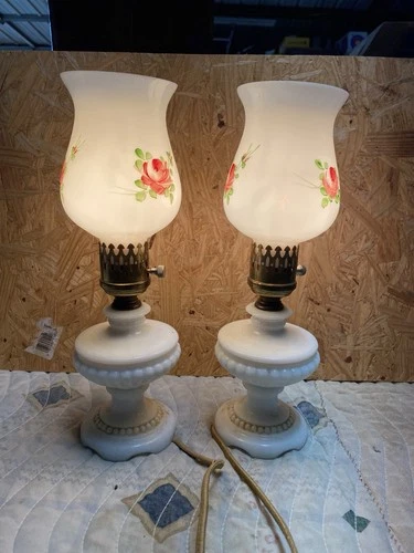 Pair Of vintage hobnail milk glass lamps