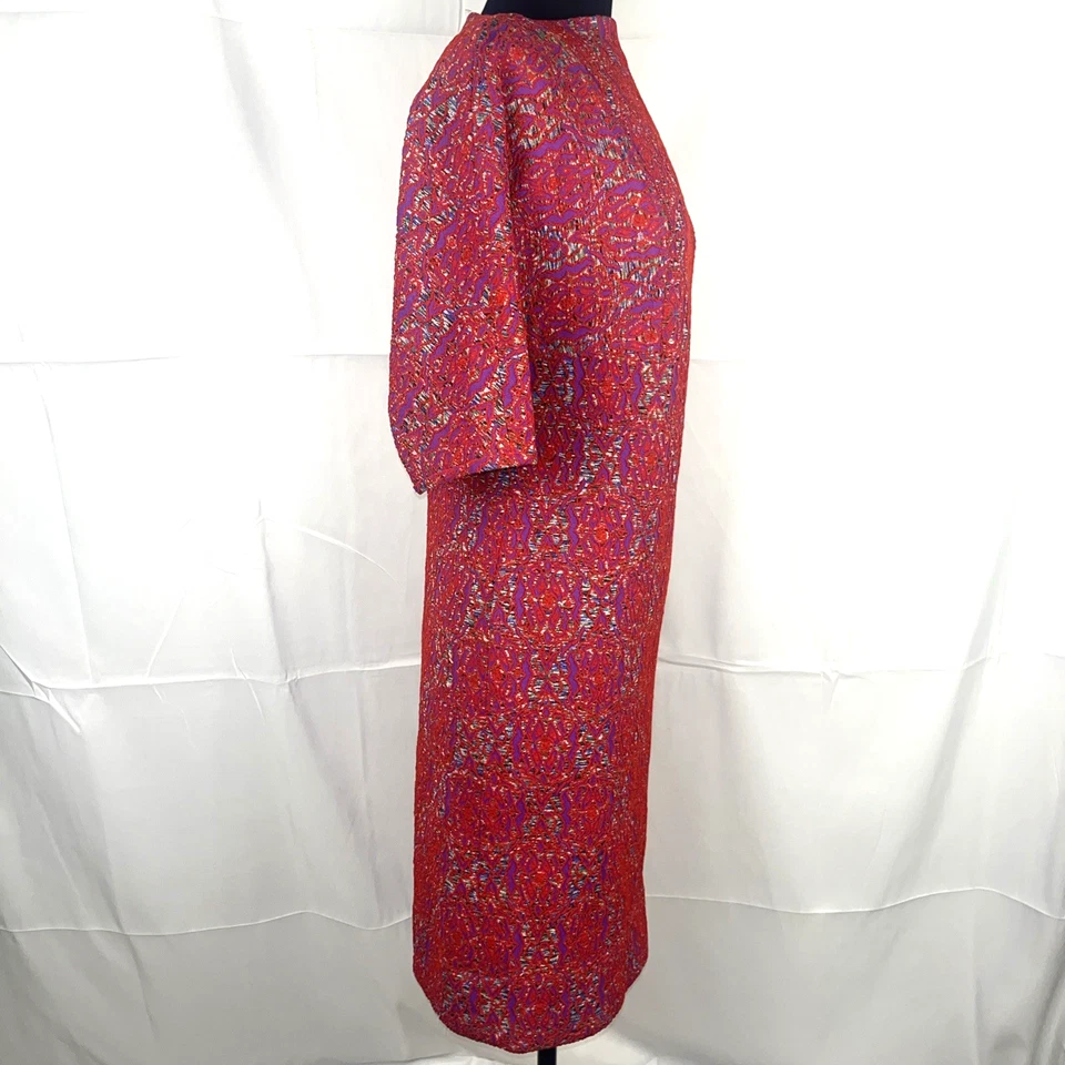 VTG 1960s Mod Dress Handmade Red Purple Abstract Retro Short Sleeve Midi Length - Image 3 of 4