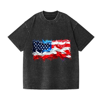 Patriotic USA Flag Paint Art Vintage Washed T-Shirt Unisex Casual Cotton Tee