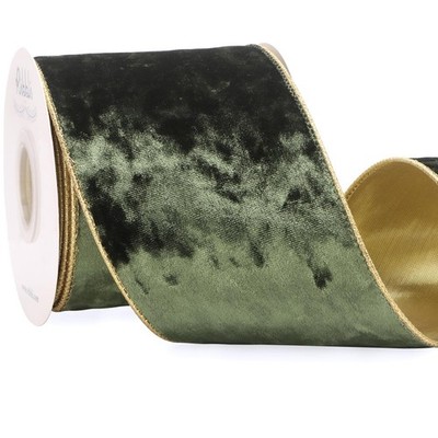 Moss Green Velvet Wired Ribbon 4 Inch Metallic Crushed Velvet Christmas Ribbo...