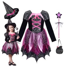 Halloween Hexenkleid Mädchen Kinder Kostüm Cosplay Karneval Kürbis Tasche Hut