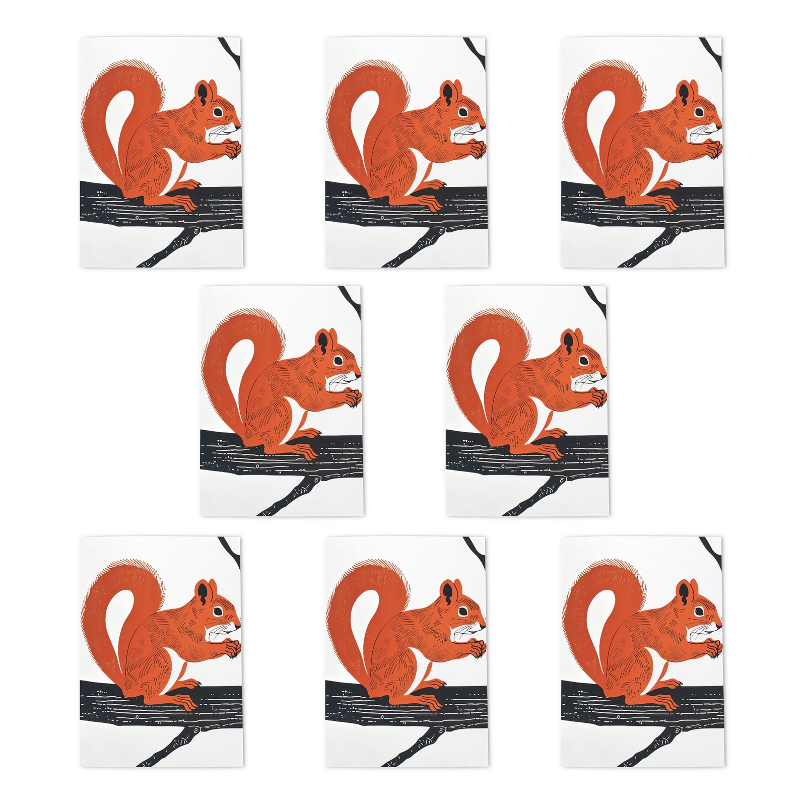 Cute Red Squirrel On Tree Branch Bright Design Art Cards Pack of 8, Blank A6