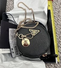 Prada Saffiano Leather Mini-Pouch 1NR023 Round Chain Crossbody Bag (Black)