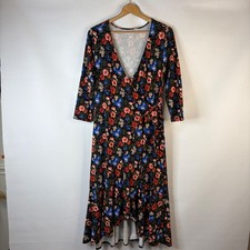Lands' End Wrap Dress Women Medium Black Floral 3/4 Sleeve High-Low Hem