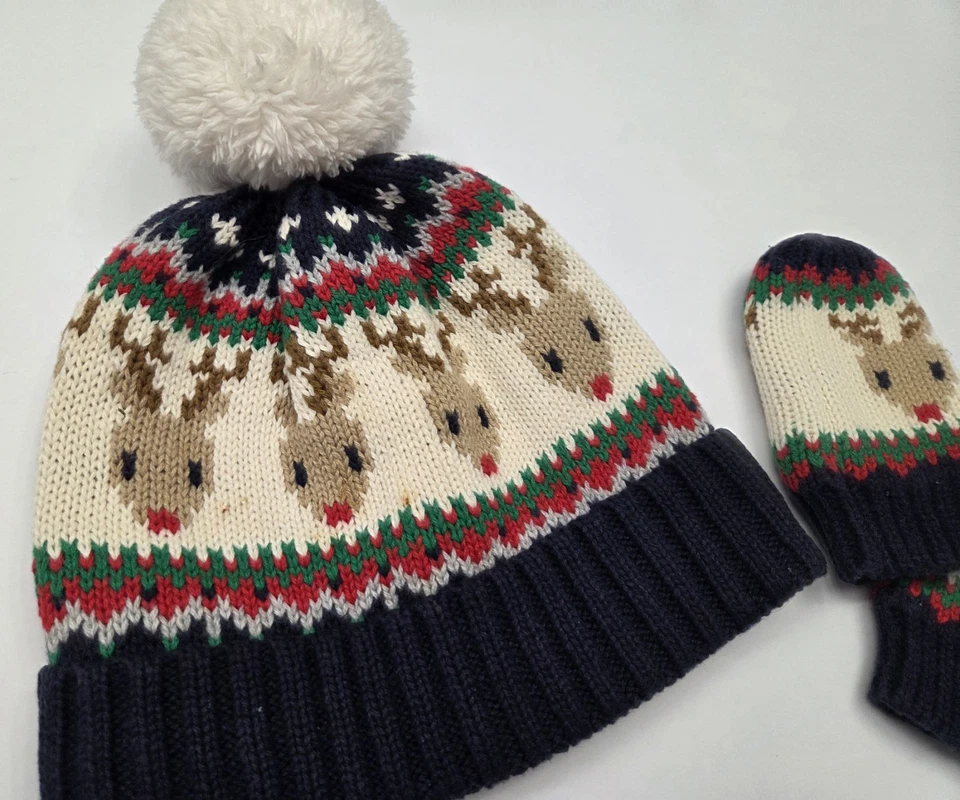 Bebé GAP 12-18 Meses Tejido Suave Pom Pom Hada Reno Gorro y Mitones Conjunto Foto 2 de 4