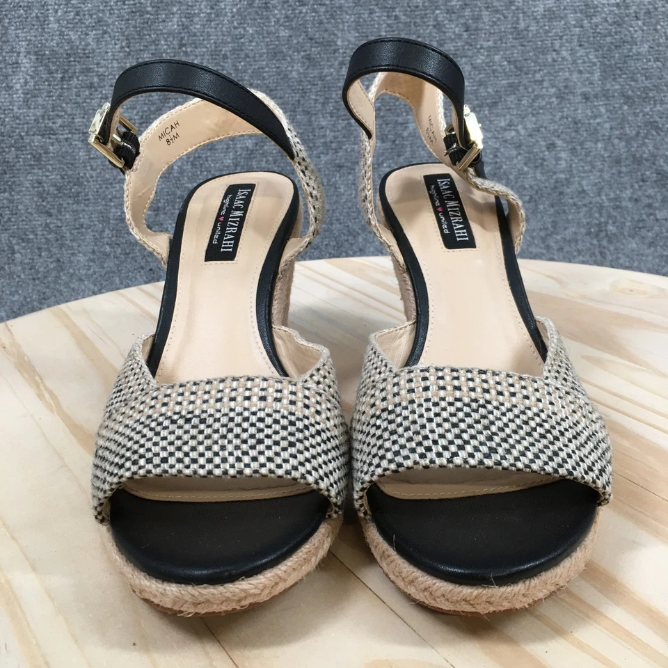 Isaac Mizrahi Sandals Womens 8.5 Ankle Strap Black Brown Leather Open Toe Wedge - Image 4 of 4