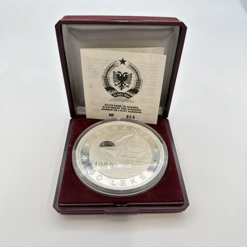 1988 Albania 50 Leke Year of the Railroad 5oz .925 Silver Proof Coin BOX & COA!