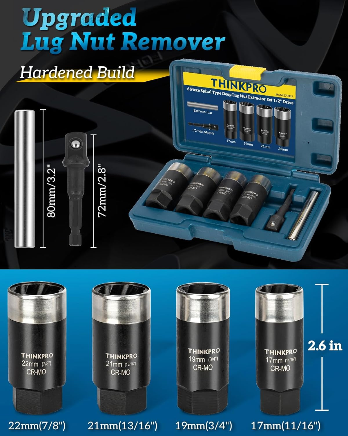 Locking Lug Nut Removal Tool-6 Pieces Deep Lug Nut Extractor Set,Stripped Lug Nu