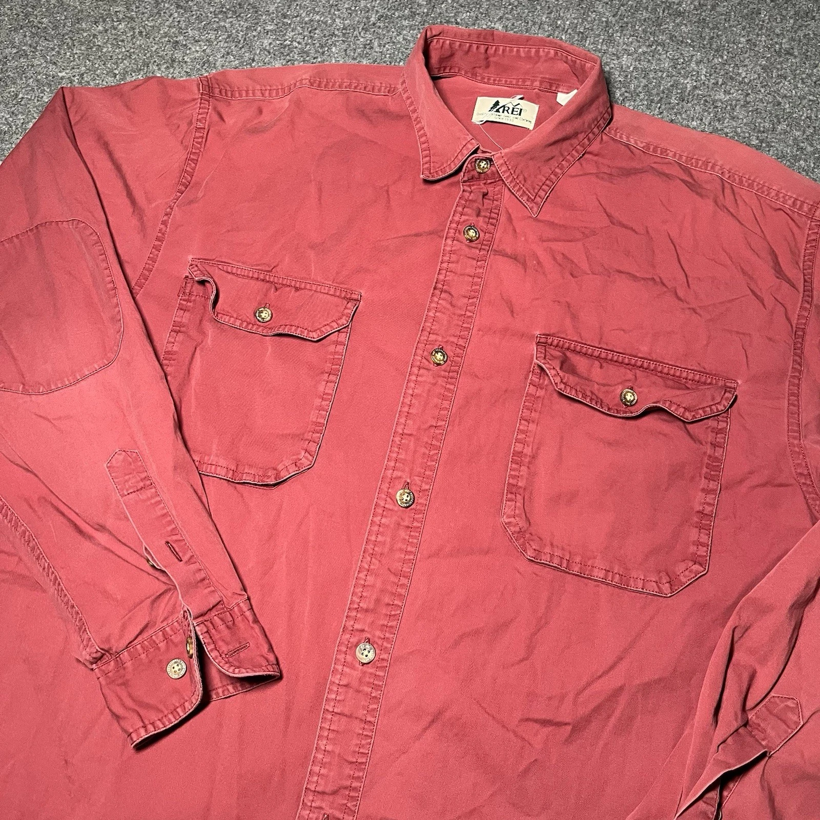 Vintage REI Shirt Mens Large Tall Khaki Red Button Up Fishing Camping Work 90s