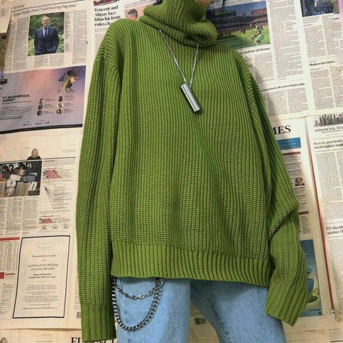 Women Chunky Knit Sweater Jumper Pullover Loose Drop Shoulder High Neck Punk SPW - Picture 6 of 11