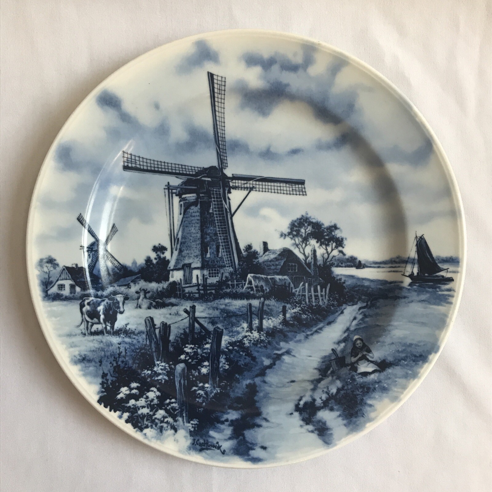 Large Blauw Delft Holland Hand Decorated Blue Windmill Plate, J C Hunnik 12” EUC