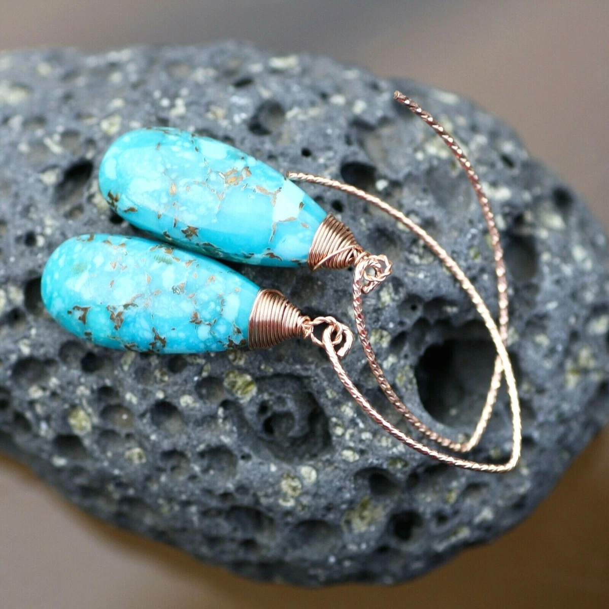 Copper Infused Natural Turquoise Earrings Rose Gold Filled