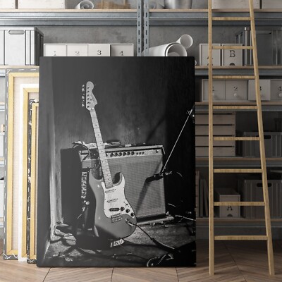 Electric Guitar Black and White Music Room Canvas Wall Art Print