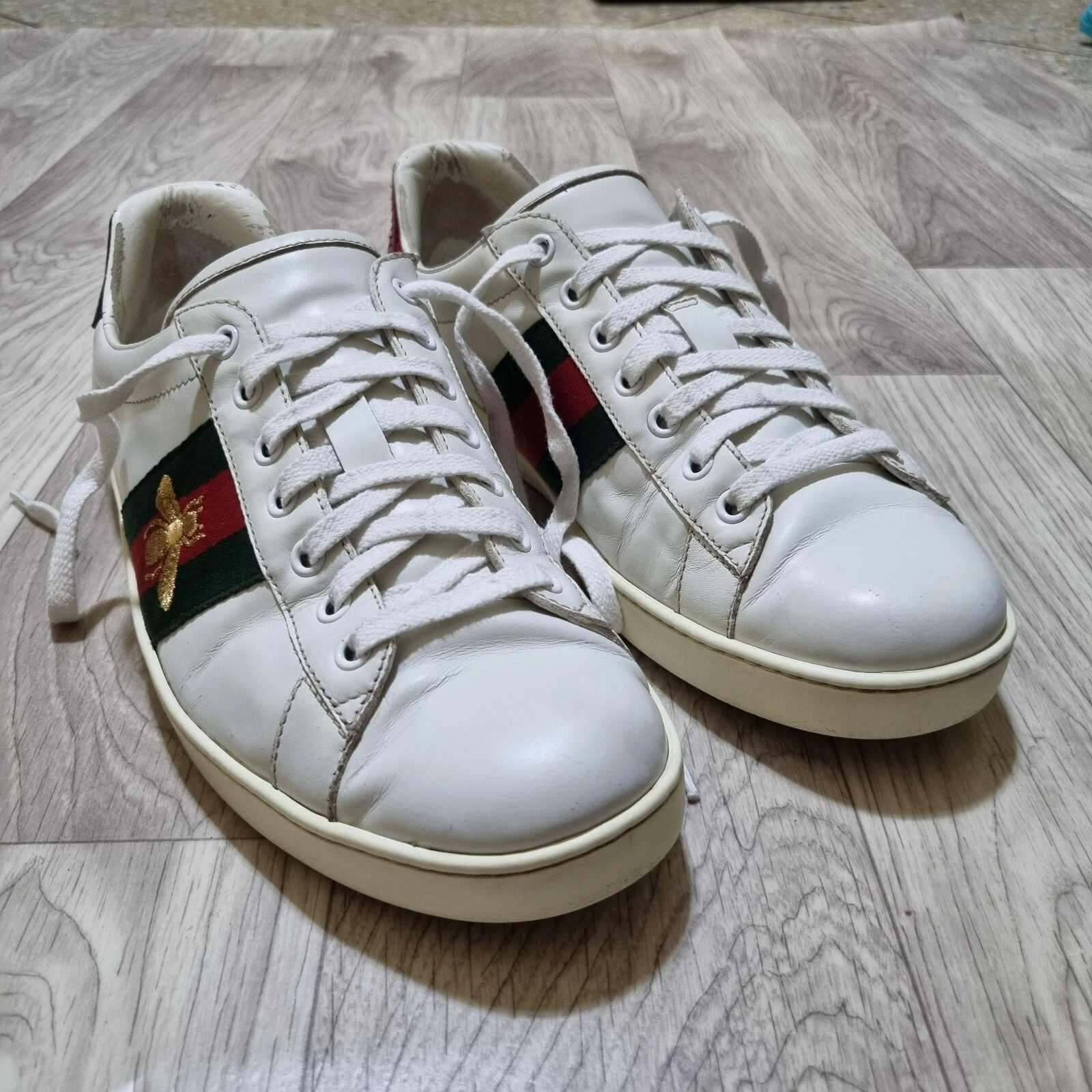 Gucci Chaussures Homme Ace Golden Bees Supreme Cuir Homme Baskets Blanc Taille 10 US