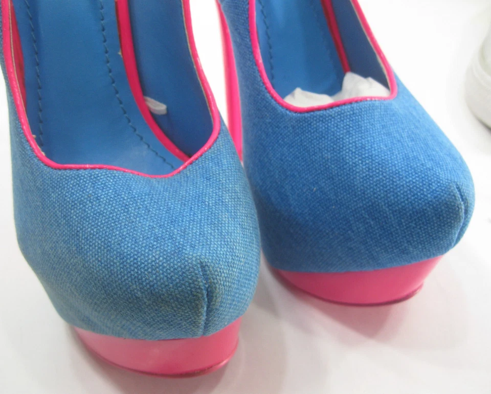 Zapato AZUL/ROSA RIBETE 6" Tacón de aguja Punta redonda 2" PLATAFORMA MUJER Talla 5.5 Foto 3 de 4