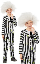 Beetlejuice Kids Costume Boys Girls Official Halloween Fancy Dress Outfit  Wig