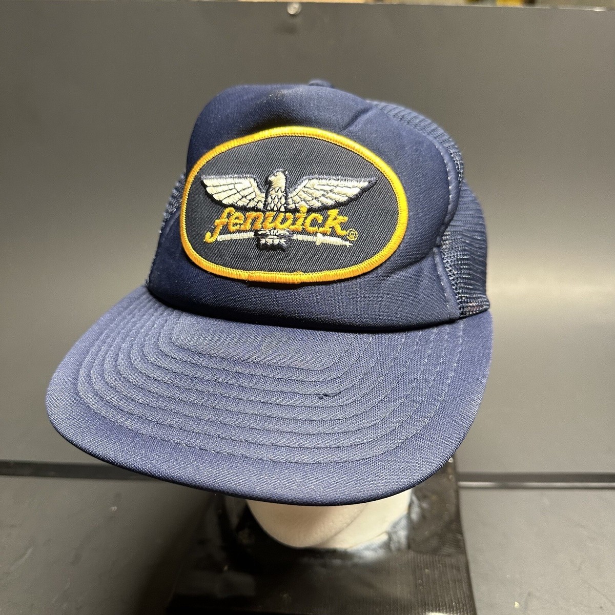 VINTAGE Fenwick Fishing Hat Mens Navy Blue Mesh Snap Back Trucker