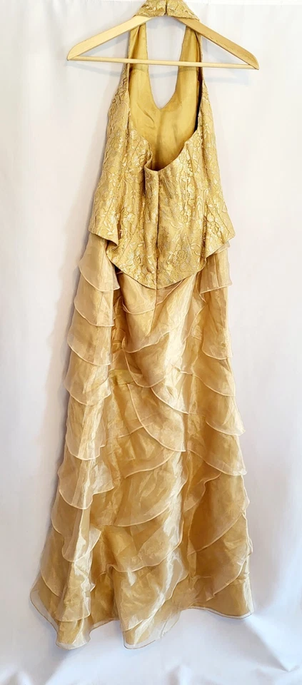 Vintage Gold Halter Maxi Formal Dress Lace Bodice Chiffon Tiered Size 8/10 - Image 3 of 4