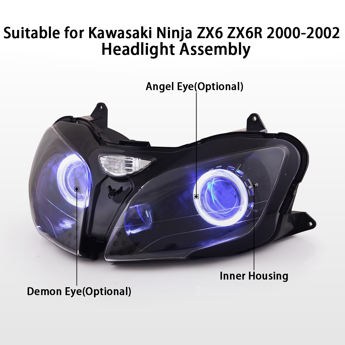 KT LED Angel Demon Eye Headlight Assembly for Kawasaki Ninja ZX6R 2000