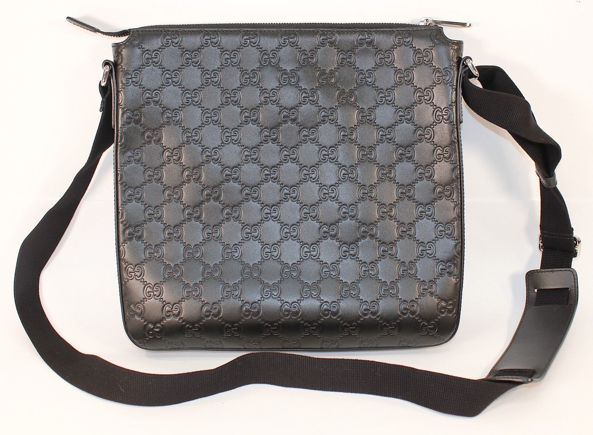 GUCCI 406408 Black Leather Guccisima Cross Body Flat Messenger Bag