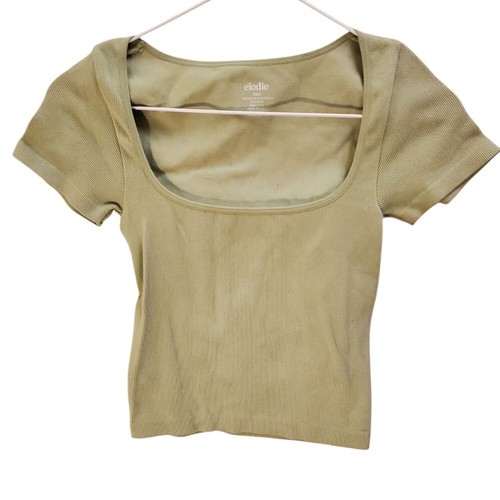 Elodie Ribbed Square Neck Top Fitted Tee Olive Green Short Sleeve XS/S
