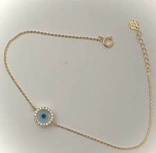 Solid 14k Gold Round Evil Eye Charm Bracelet With Stones