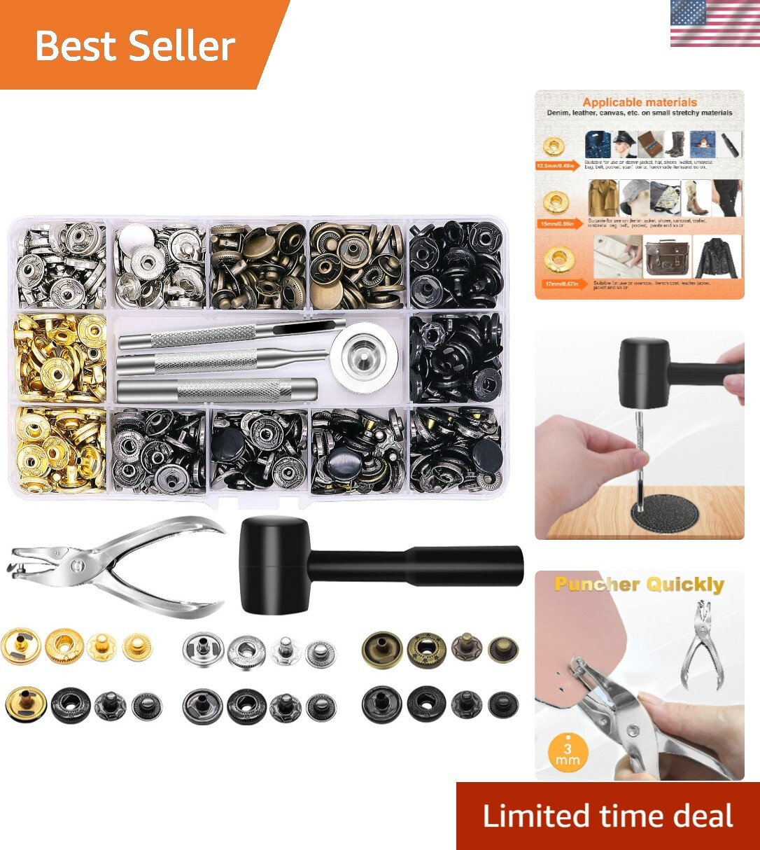 120 Sets Leather Snap Fasteners Kit with Puncher, 12.5mm Metal Button Snaps P...