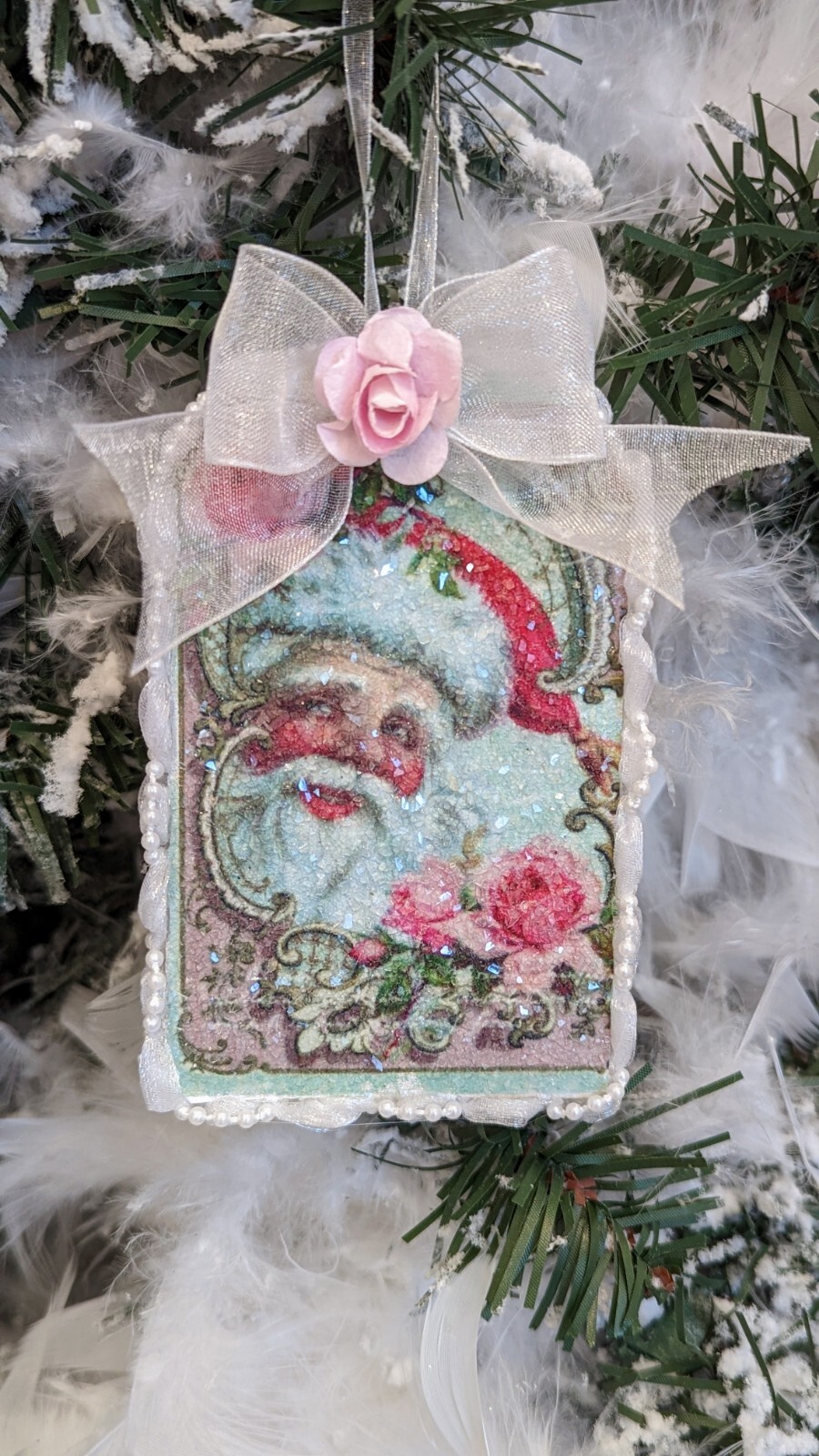 Shabby Chic Victorian Pink Santa Roses Bow Glitter Decoupage Christmas Ornament