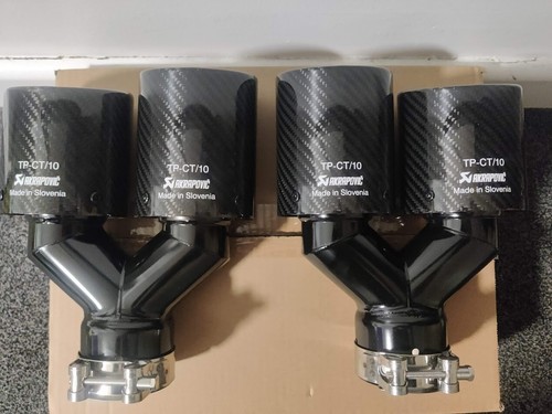 GLOSS BLACK CARBON FIBRE AKRAPOVIC EXHAUST TIPS 2 X 3.5” TWIN Y PIECE STAGGERED - Picture 7 of 10