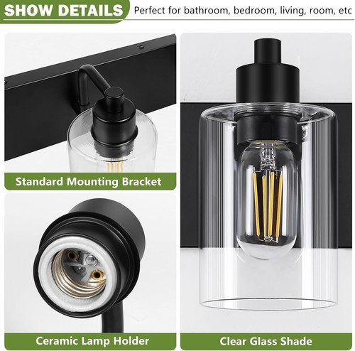Stylish 4-Light Matte Black Vanity Light with Water Resistant Clear Glass Shade - Picture 5 of 9