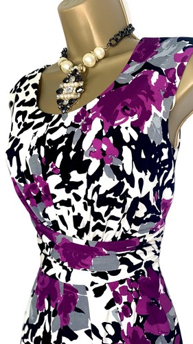PRÉCIS PETITE Size 8 Bright Purple White Black Floral Print Bodycon Midi Dress - Picture 4 of 10
