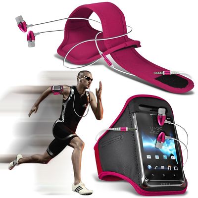 Hochwertige Armband Handyhülle + In Ear Kopfhörer Headset Sport Zubehörpaket Rosa