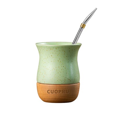 Ceramic and Original Wood Base Yerba Mate Gourd with Straw 8 OZ Mate Cup