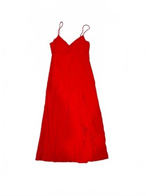 ZARA Red Jacquard Polka Dot Midi Slip Dress Ruffle High Slit