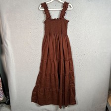 Quince Womens Size Small Brown Smocked Tiered Maxi Dress 100% Linen