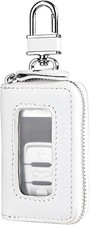 Genuine Leather Car Key Fob Case with Metal Hook and Transparent Color: White