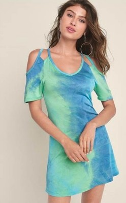Lascana Venus Cold Shoulder Tie Dye Blue/Green/Turquoise Dress Size Small