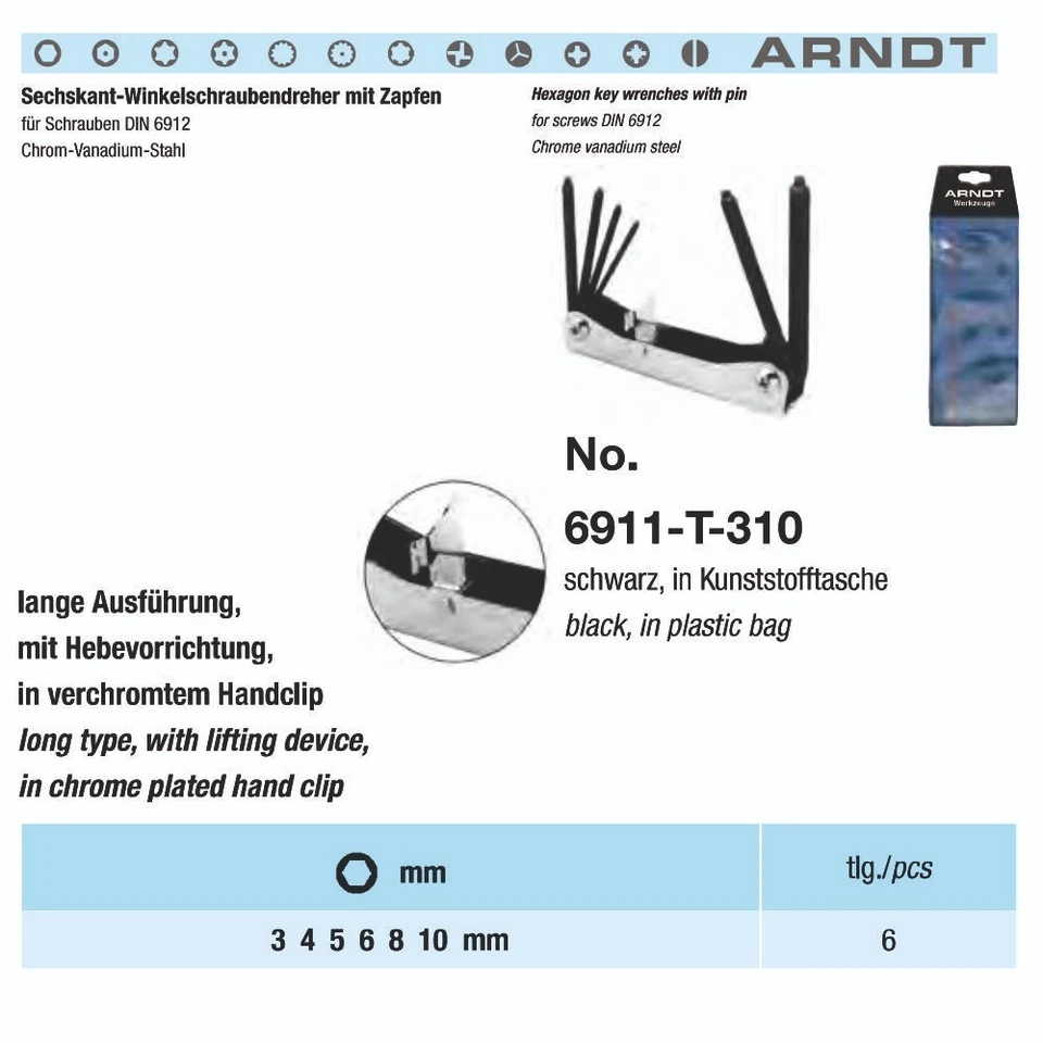 Folding Pin Hex Security Allen Key Keys Set Pocket Size 6 PCS ARNDT Germany - Image 2 of 4