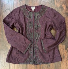 Chico s Women s Plum Beaded Blazer/Jacket Damask Ornate Visually Striking Sz 1