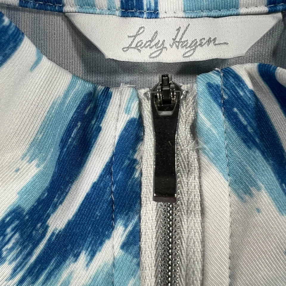 Camisa Pullover Dama Hagen Mujer XL Azul Blanco Geométrica Manga Larga Golf 1/4 Foto 3 de 4