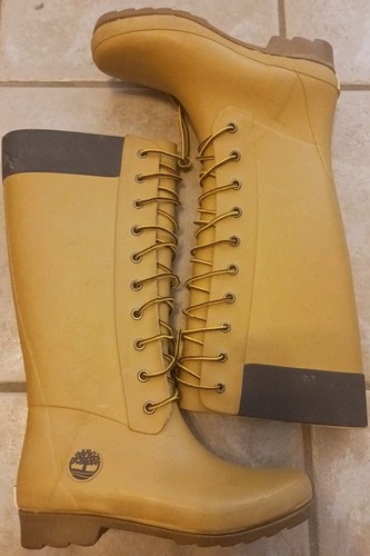 Timberland 14" Tall Rubber Rain, Mud, Boots Womens Tan Yellow Lace Up SZ 5 - Picture 2 of 7