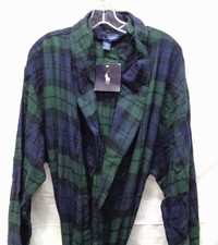 Vtg POLO RALPH LAUREN Green Blue Plaid Logo S/M Belted P208 57 Cotton Robe NWT
