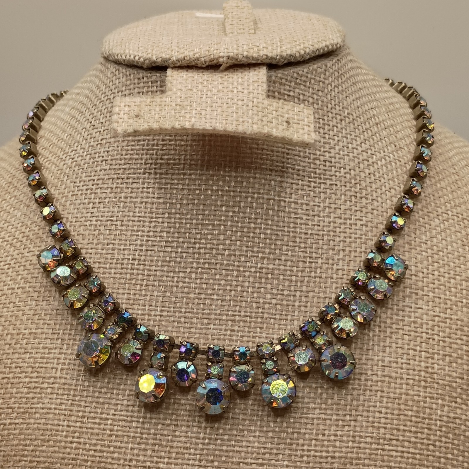 Vintage Aurora Borealis Waterfall Rhinestone Choker Necklace Silver Tone 14