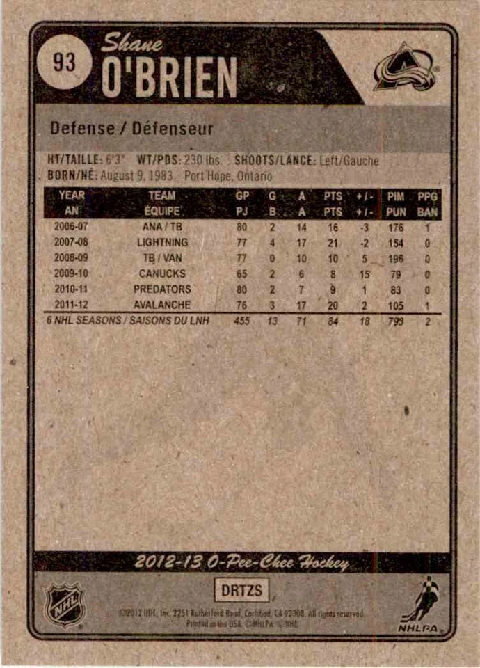 2012-13 O-Pee-Chee Shane O'Brien #93 - Image 2 of 2